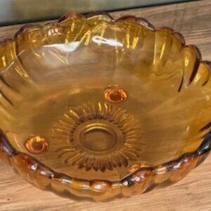 Vintage Amber Glass Serving Bowl – Scalloped Edge Sunburst Pattern‎ Retro Dining
